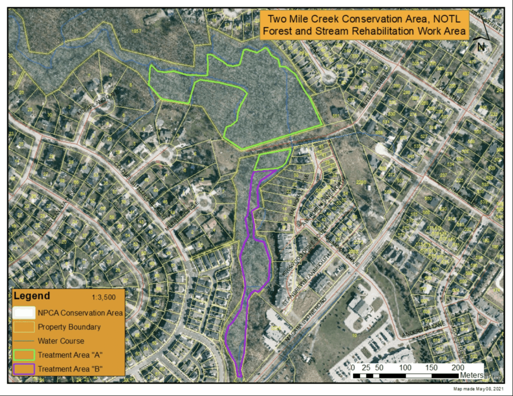 NPCA map showing areas for July 2021 rehabilitation work for Two Mile Creek Conservation Area.